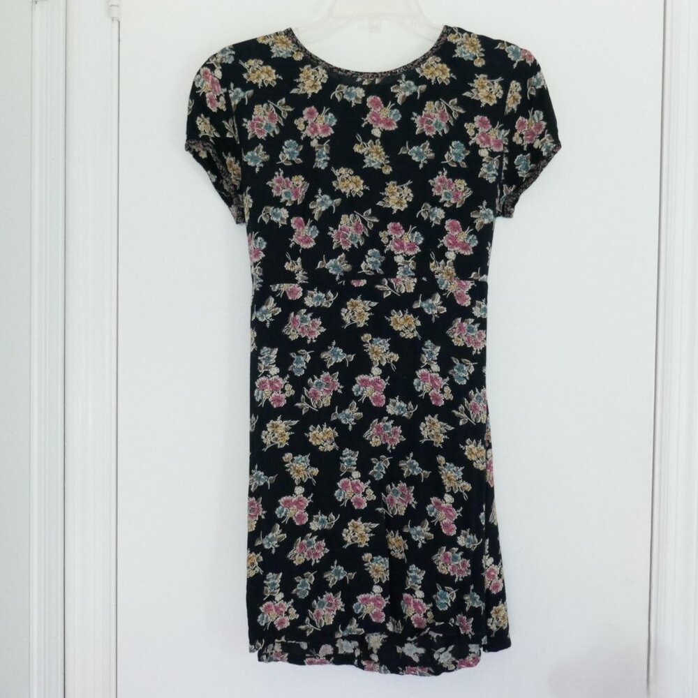 vintage 90s Y2K round collar multi floral black dress ties in back size S